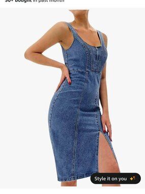 Jean stretch denim bodycon midi Dress sleeveless side slit
